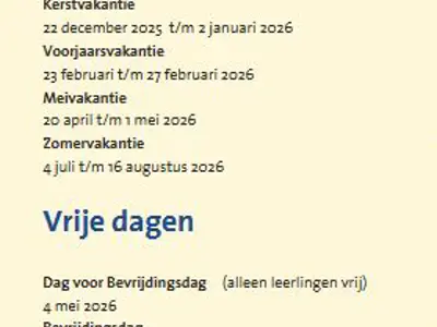 Vakantierooster schooljaar 2025-2026
